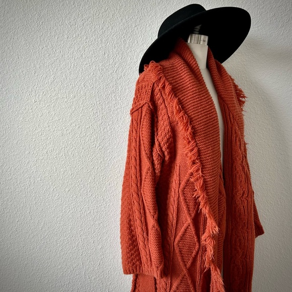 POL FRINGE & FRAYED BURNT SAHARA OVERSIZED BOHEMIAN CHUNKY TRENCH CARDIGAN - Picture 2 of 5